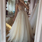 CHAMPAGNE TULLE LACE LONG PROM DRESS, CHAMPAGNE EVENING DRESS,DS3396