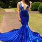 Charming Blue Spaghetti Straps V-neck Transparent lace Column Mermaid Prom Dresses,F04786