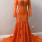 Fabulous Orange Halter Appliques Lace Long Sleeve Mermaid Prom Dresses,F04787