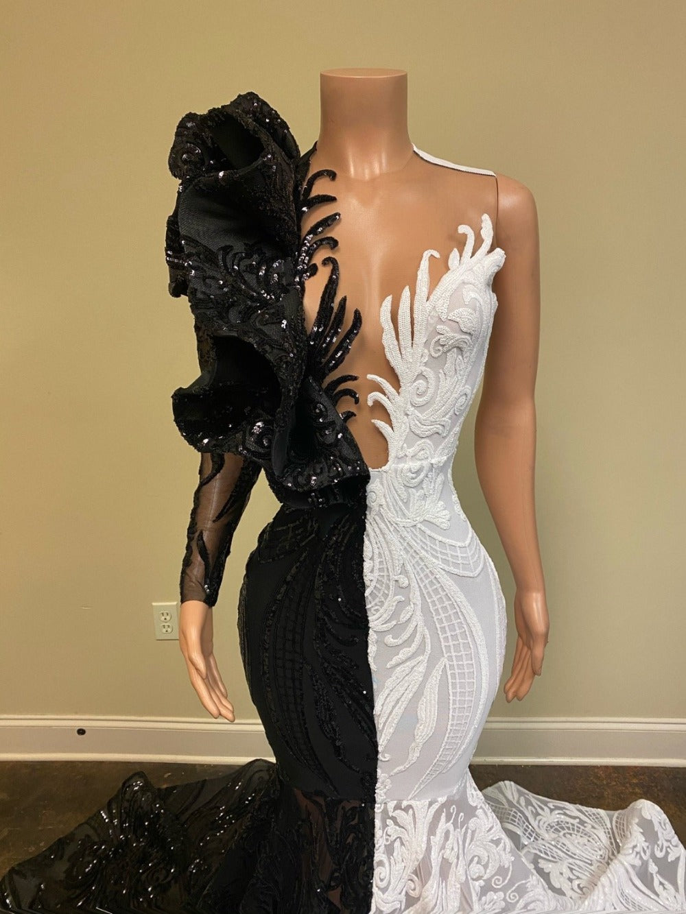 Unique Bicolor V-neck One Shoulder Long Sleeve Column Mermaid Prom Dresses,F04788
