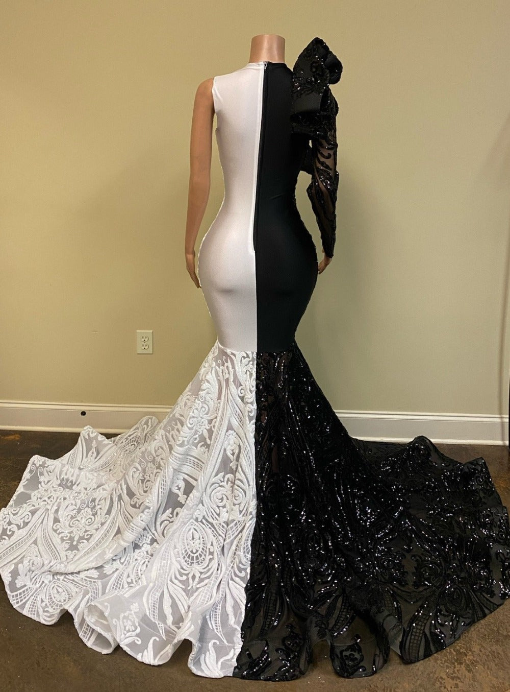 Unique Bicolor V-neck One Shoulder Long Sleeve Column Mermaid Prom Dresses,F04788