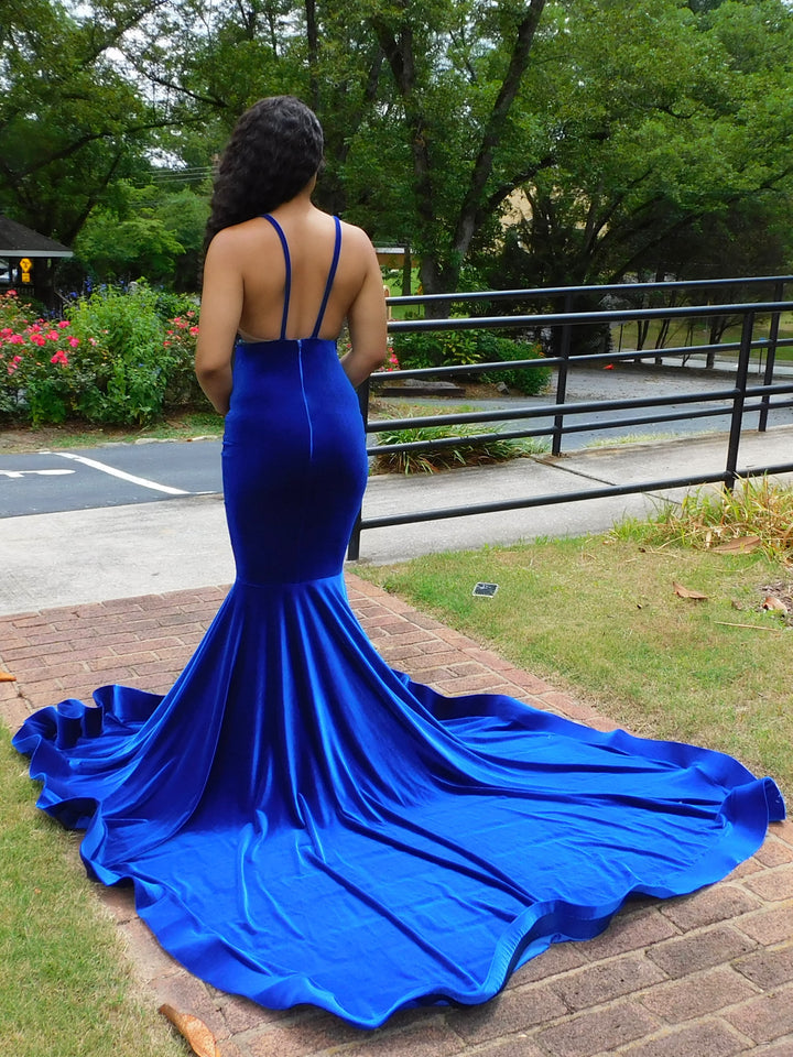 Charming Blue Spaghetti Straps V-neck Transparent lace Column Mermaid Prom Dresses,F04786
