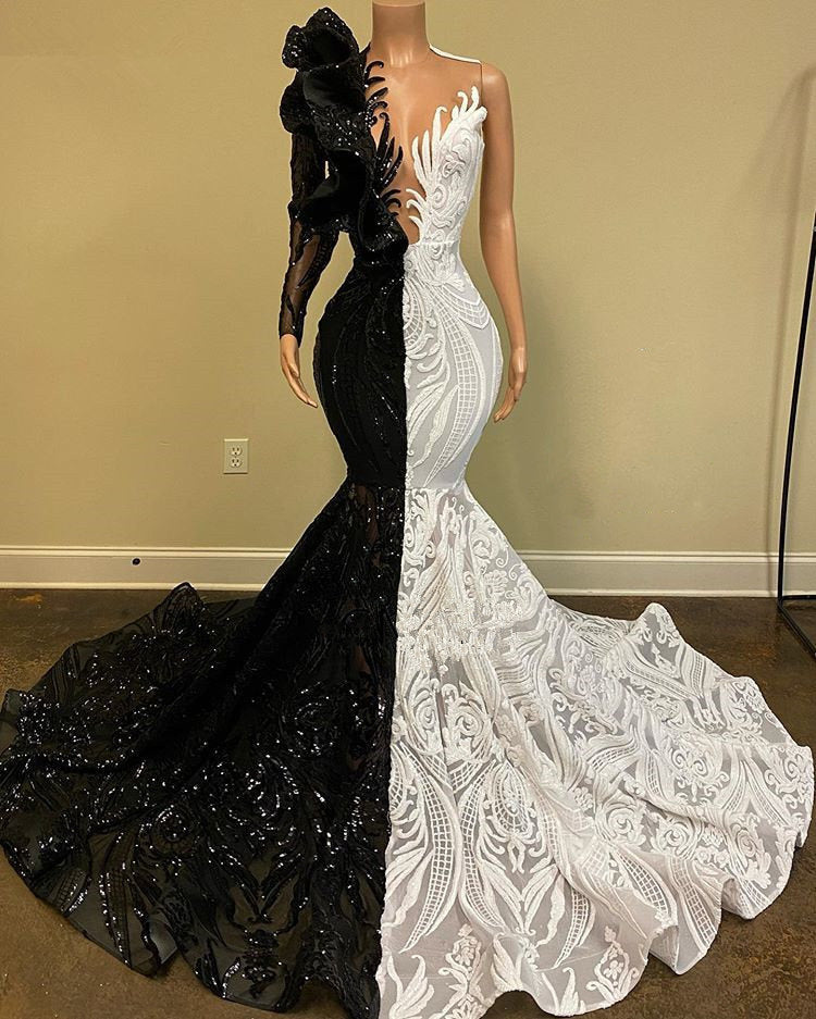 Unique Bicolor V-neck One Shoulder Long Sleeve Column Mermaid Prom Dresses,F04788