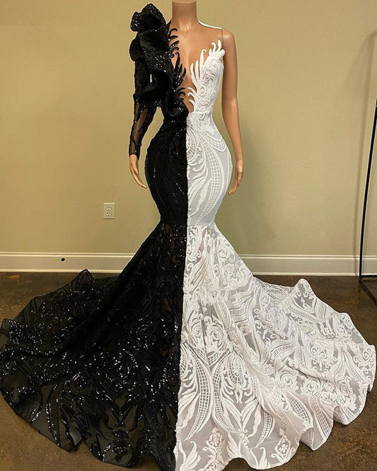 Unique Bicolor V-neck One Shoulder Long Sleeve Column Mermaid Prom Dresses,F04788