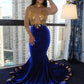 Fabulous High-neck Transparent lace Long Sleeve Appliques Lace Mermaid Prom Dresses,F04785