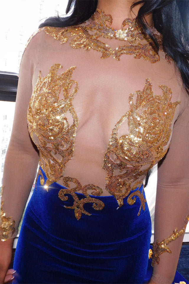 Fabulous High-neck Transparent lace Long Sleeve Appliques Lace Mermaid Prom Dresses,F04785