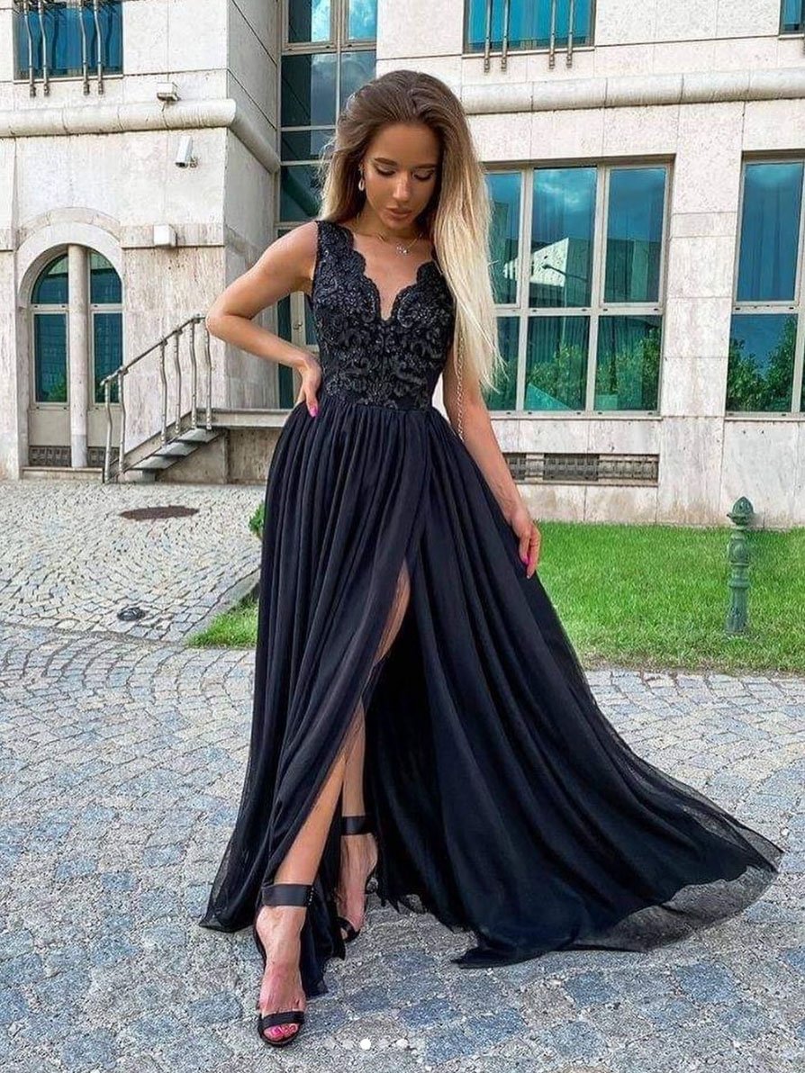 Black v neck chiffon lace long prom dress, black evening dress,DS1961