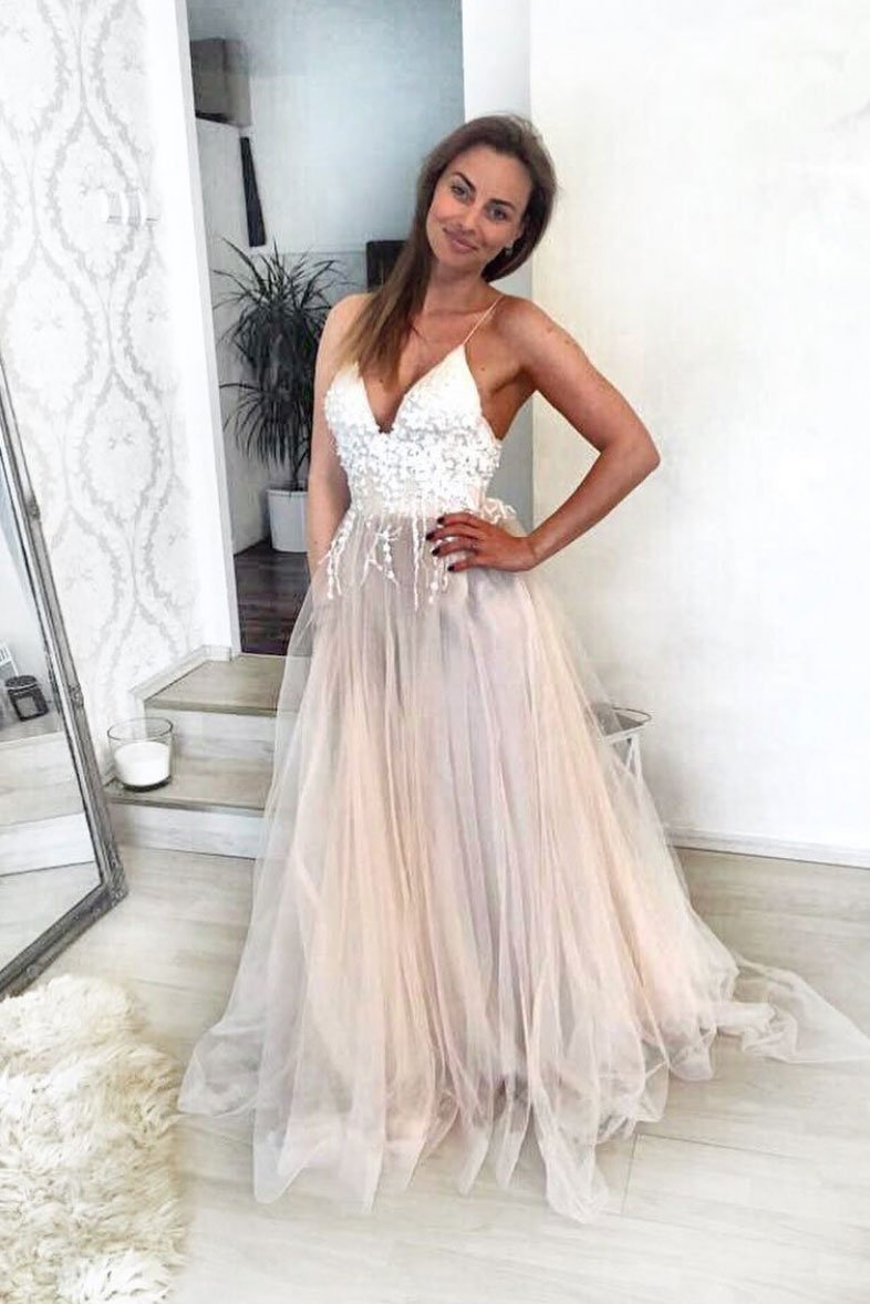 Champagne sweetheart tulle lace long prom dress champagne evening dress,DS2387