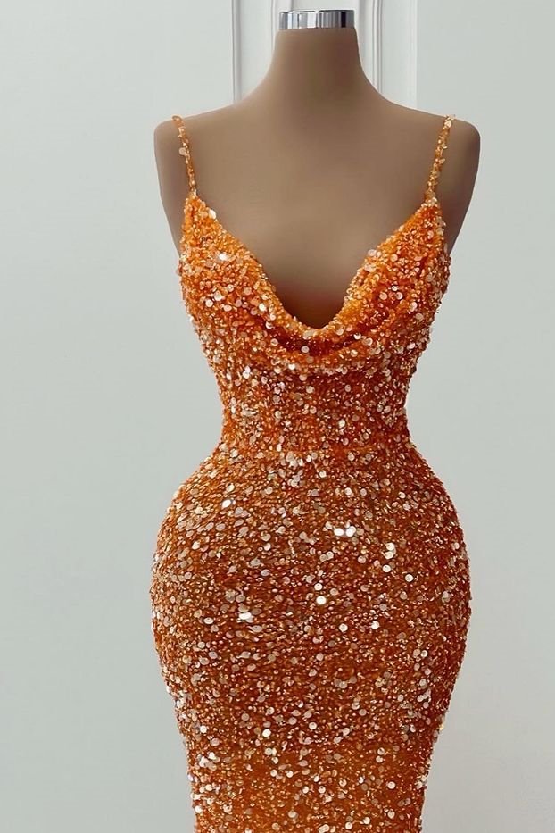 Gorgeous Orange Spaghetti-Straps V-Neck Evening Dress Sequins Mermaid Sleeveles,DS4599