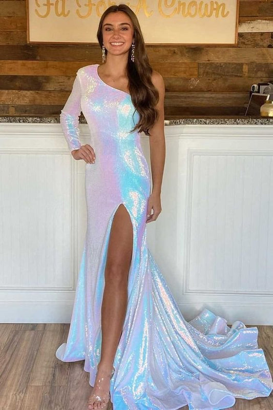 Modern One Shoulder Long Sleeves Mermaid Prom Dress Sequins With Split,DS4652