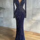 Stylish High Neck Navy Mermaid Evening Dress with Detachable Tulle Train Crystals Beads Long Prom Dress,F04833