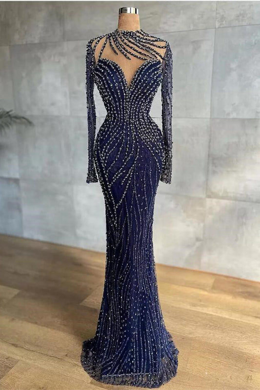 Stylish High Neck Navy Mermaid Evening Dress with Detachable Tulle Train Crystals Beads Long Prom Dress,F04833