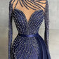Stylish High Neck Navy Mermaid Evening Dress with Detachable Tulle Train Crystals Beads Long Prom Dress,F04833