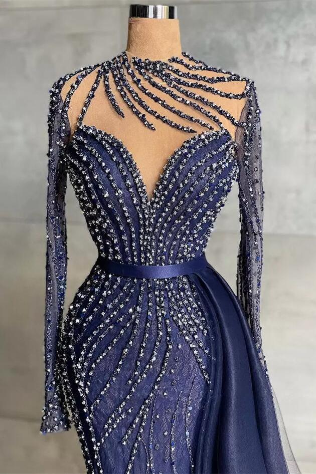 Stylish High Neck Navy Mermaid Evening Dress with Detachable Tulle Train Crystals Beads Long Prom Dress,F04833