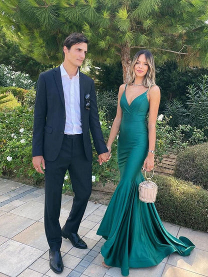 SIMPLE STAIN V NECK MERMAID GREEN LONG PROM DRESS, GREEN EVENING DRESS,F04750