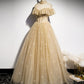 Gold tulle sequin long prom dress, formal dresses, gold tulle bridesmaid dress,DS4431