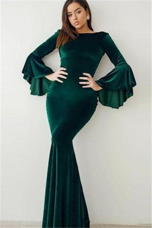 GORGEOUS EMERALD GREEN MERMAID VELVET PROM DRESSES ON SALE FLARE SLEEVE VINTAGE EVENING DRESSES,DS3603