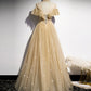 Gold tulle sequin long prom dress, formal dresses, gold tulle bridesmaid dress,DS4431