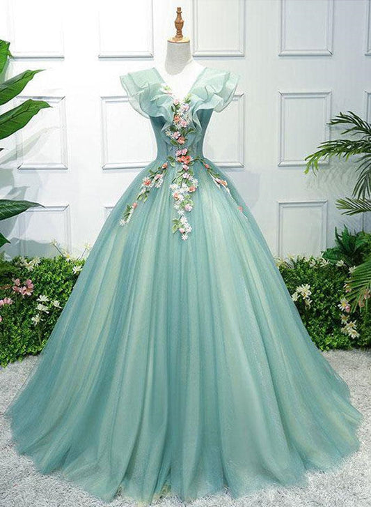 Gorgeous Green Long Tulle with Lace Applique Sweet 16 Dress, Green Formal Gown,DS4472