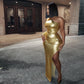 Gold One Shoulder Tight Slit Party Cocktail Maxi Dresses,DS4617