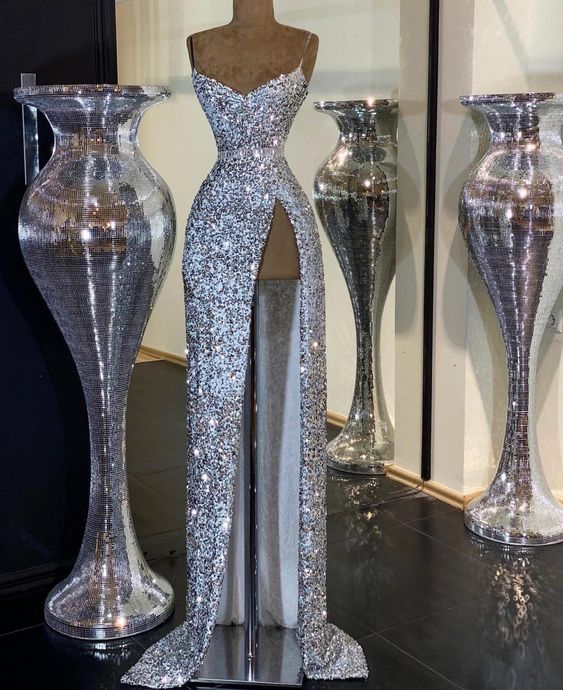 Silver Sequin Prom Dress Long Evening Gowns,DS4727