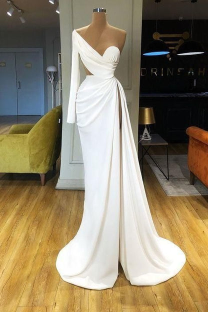 Beautiful Long Sleeves One Shoulder Prom Dress Mermaid Long With Split,F04775