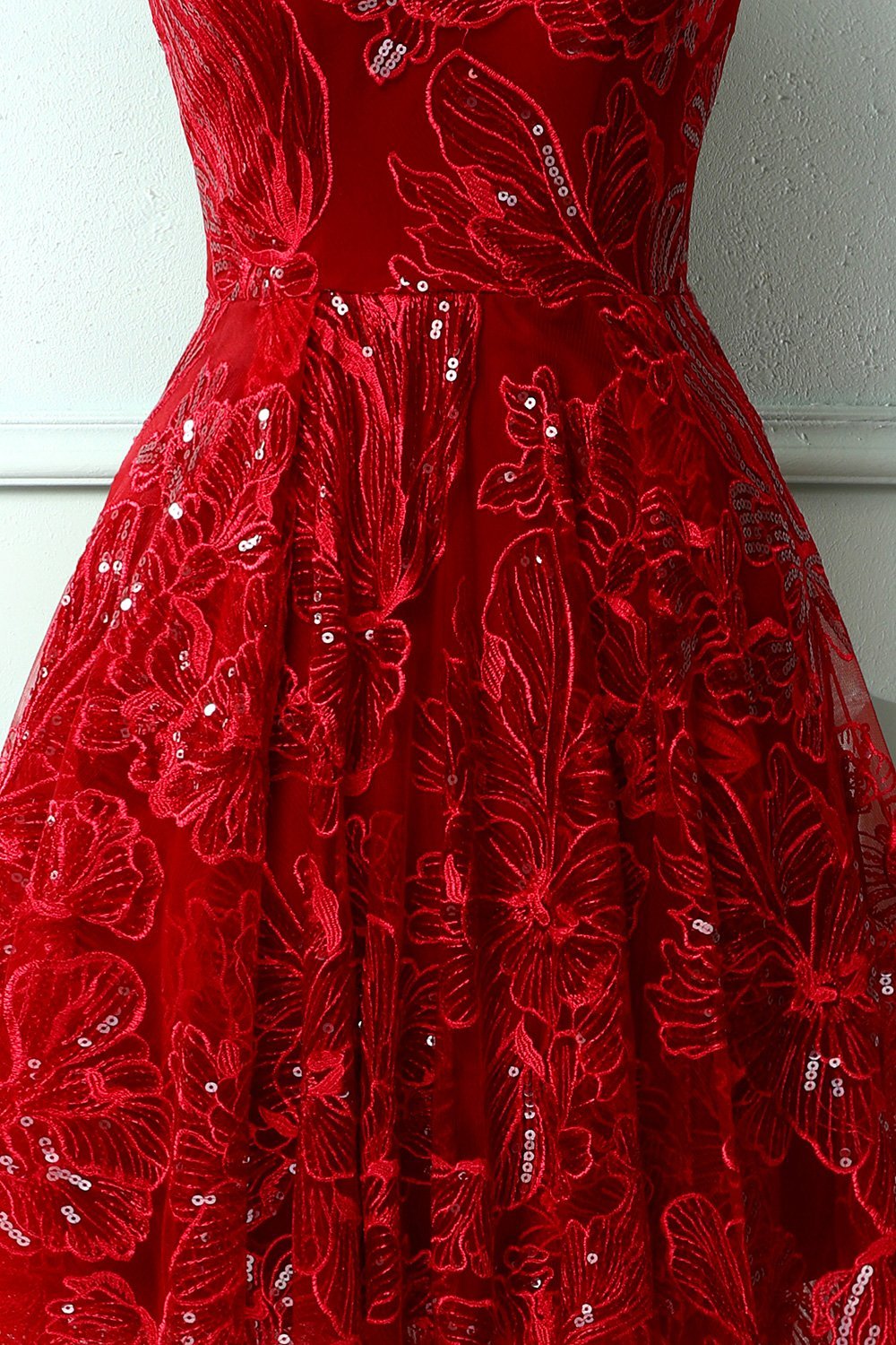Burgundy v neck lace high low prom dress lace formal dress,DS2126