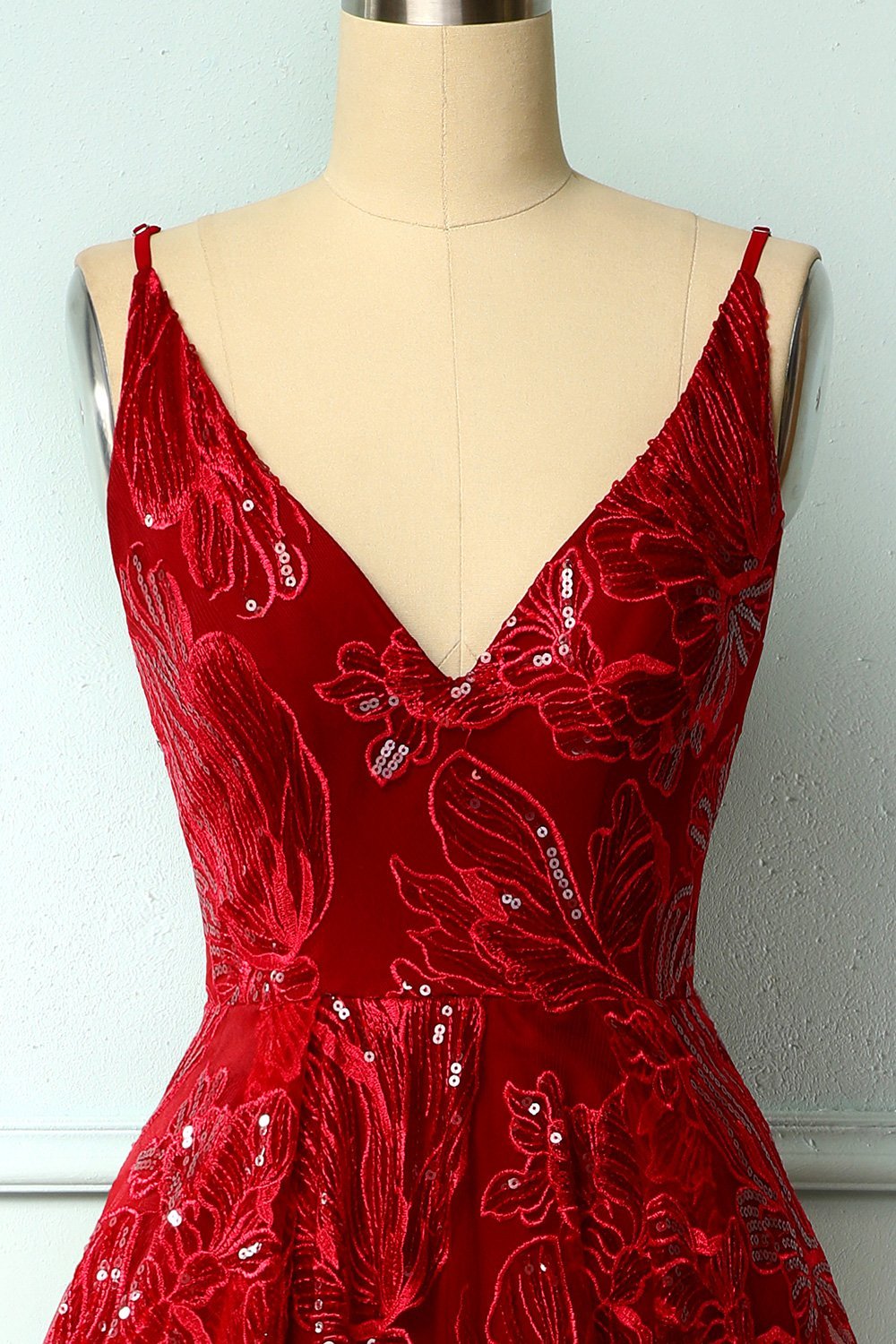 Burgundy v neck lace high low prom dress lace formal dress,DS2126