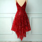 Burgundy v neck lace high low prom dress lace formal dress,DS2126