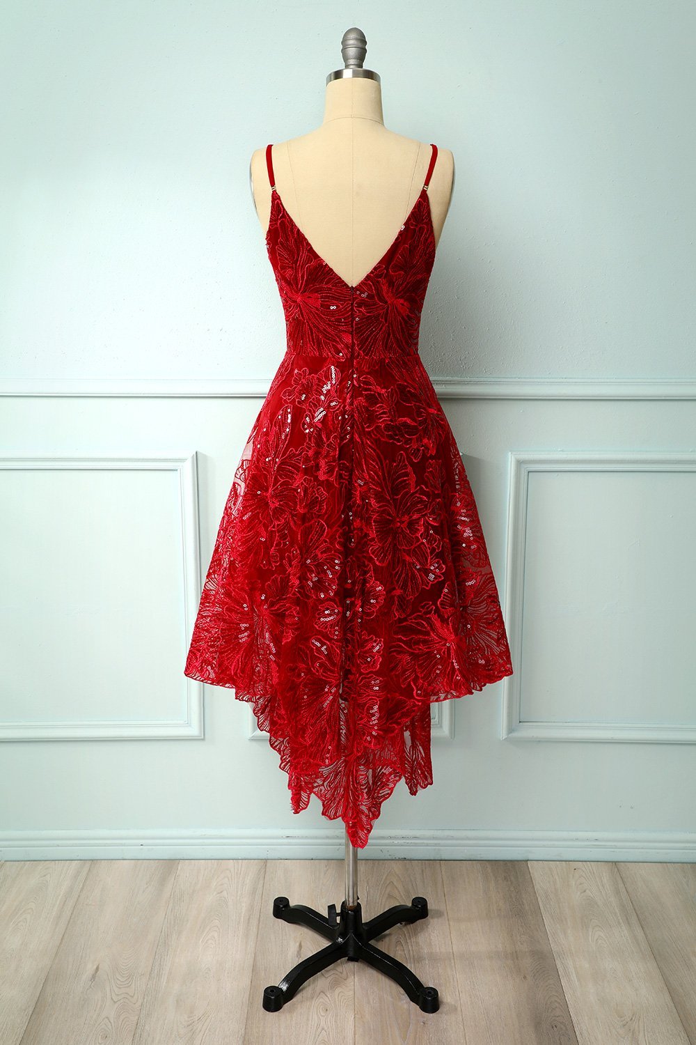 Burgundy v neck lace high low prom dress lace formal dress,DS2126