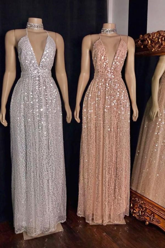 SPAGHETTI V-NECK POLKA SEQUINS TULLE FLOOR LENGTH MERMAID PROM DRESSES,DS3605