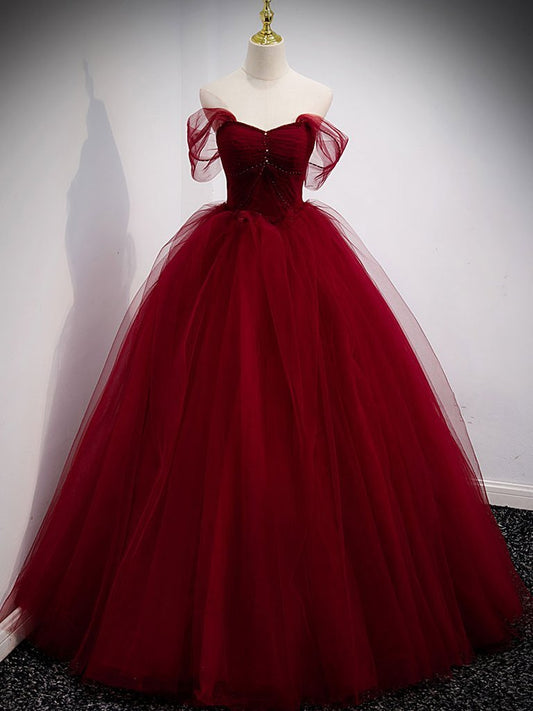 Burgundy Tulle Ball Gown Long Prom Dresses,Winter Formal Dresses,DS3298