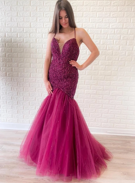 PURPLE MERMAID BACKLESS TULLE SPAGHETTI STRAPS BEADING PROM DRESS,DS2981