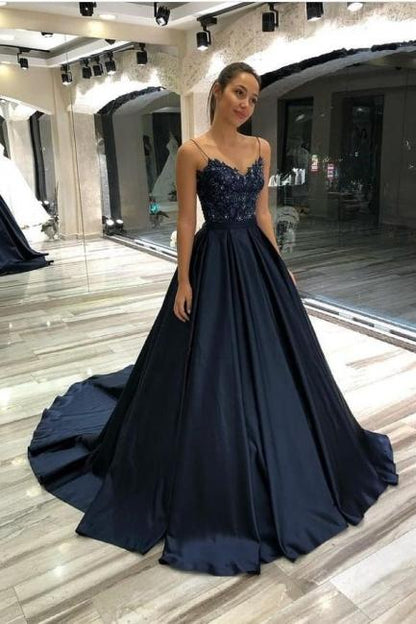 DARK NAVY BLUE SPAGHETTI STRAPS APPLIQUES BEADING SATIN PROM FORMAL DRESS,DS2941