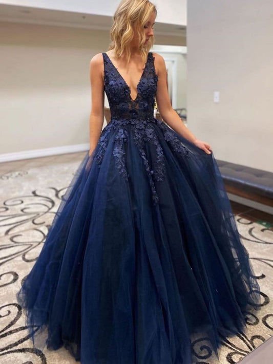 Dark blue v neck lace applique long prom dress lace evening dress,DS2005