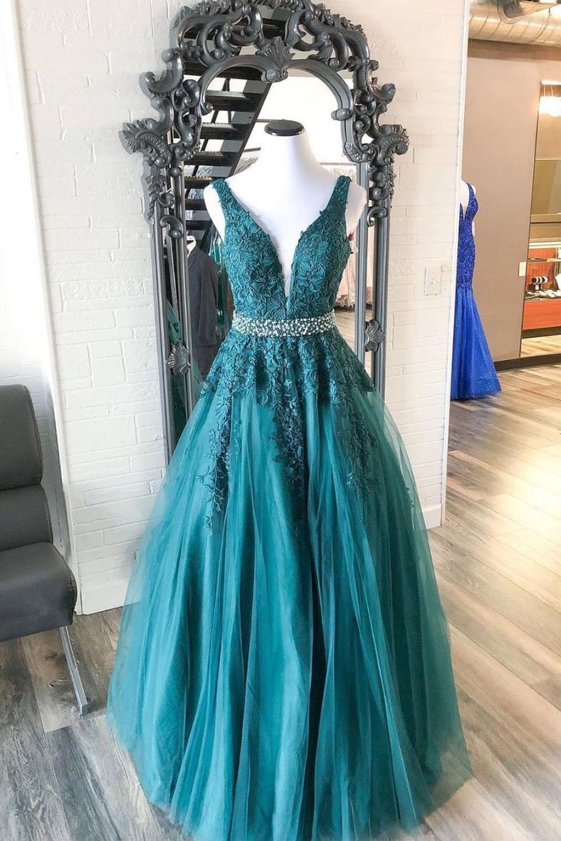 Green v neck tulle lace long prom dress, green formal dress,DS2071