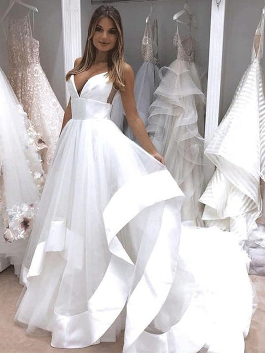 V Neck Backless White Wedding Dresses, White Backless Prom Dresses, Evening Dresses,DS1784