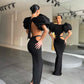 Fashion puff sleeve open waist evening dress - Black,DS3973