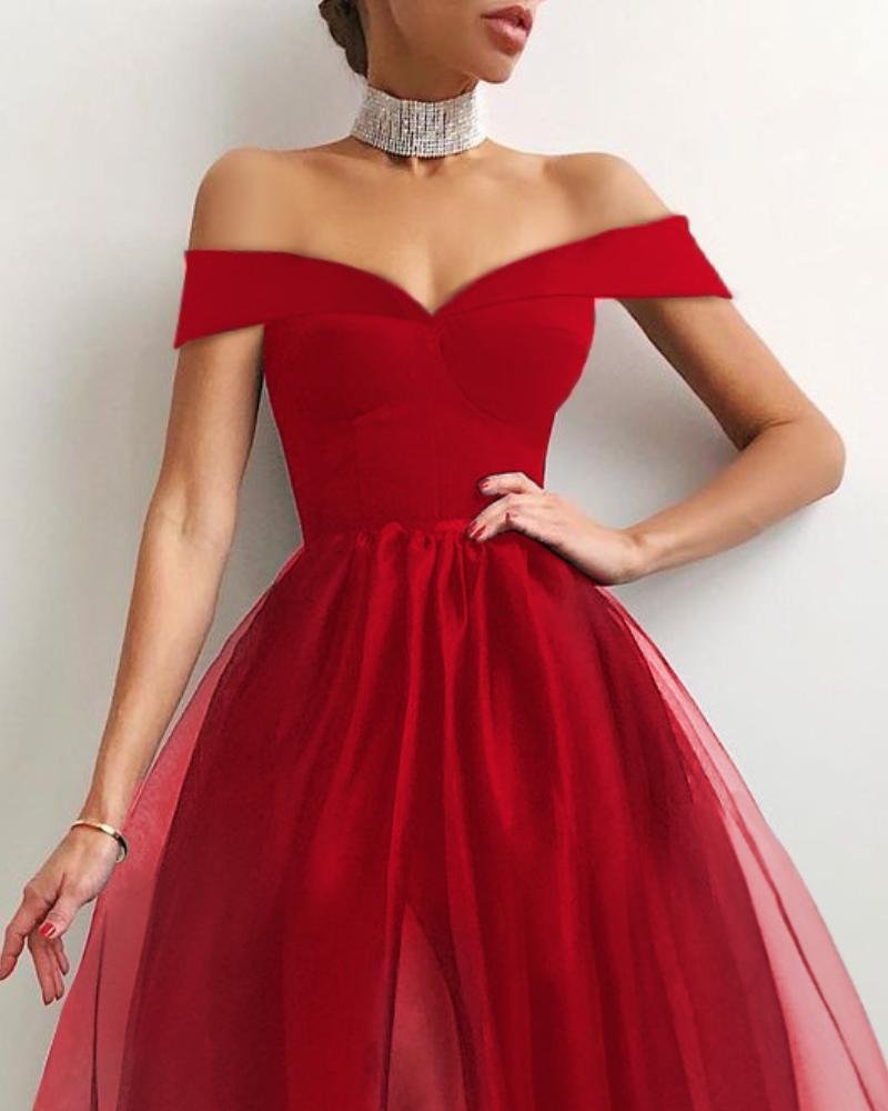 Elegant Off Shoulder Binding Layered Mesh Cocktail Dress,DS3980