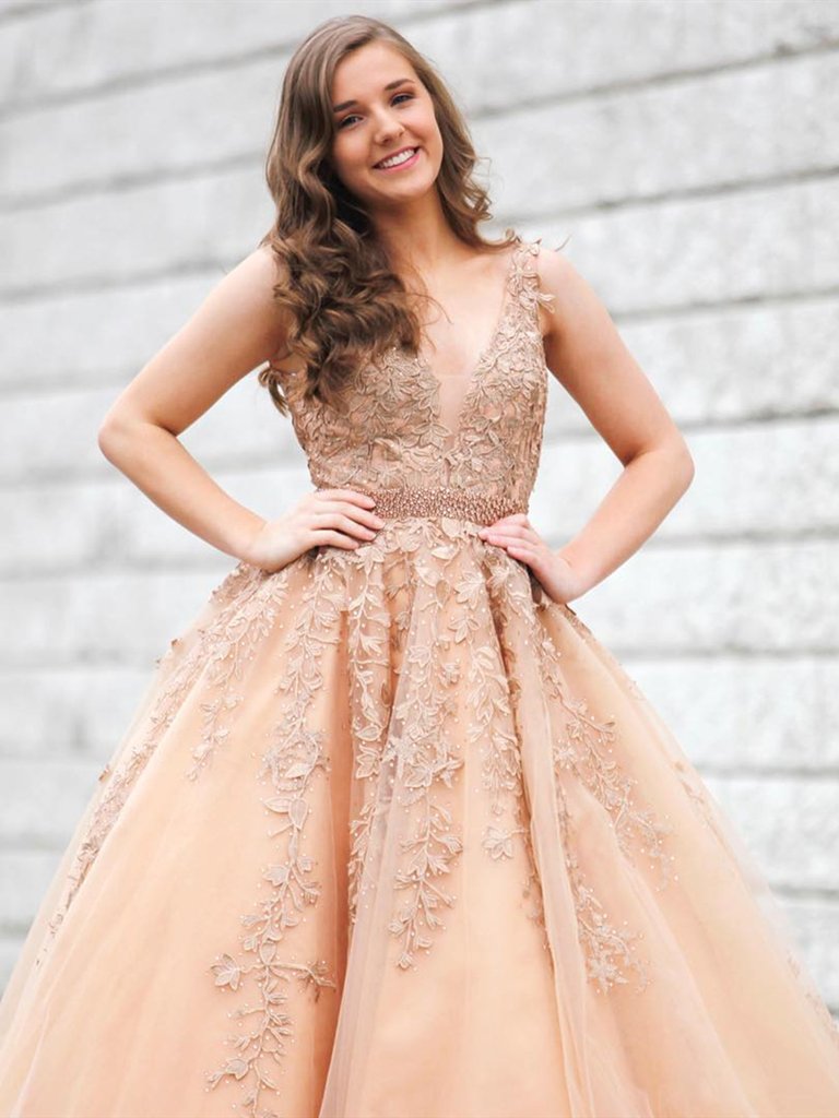 V Neck Champagne Lace Prom Dresses, V Neck Champagne Lace Formal Evening Graduation Dresses,DS1792