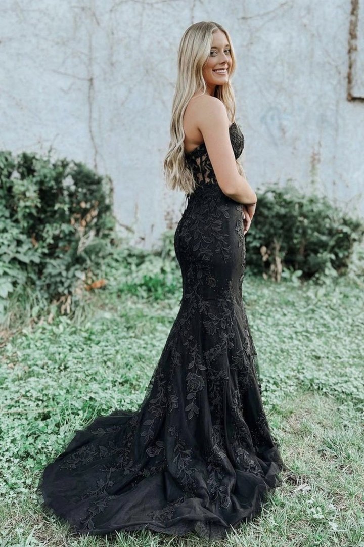 Black lace long prom dress mermaid evening dress，DS3168