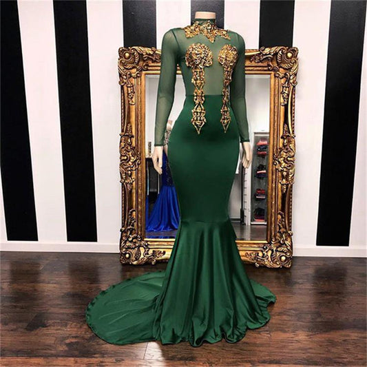 Dark Green Mermaid Prom Dresses Sexy Illusion Top Gold Appliques Sheer Long Sleeve High Neck Evening Gowns ,DS4451