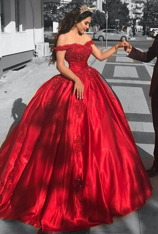 Ball Gown Off The Shoulder Red Satin Prom Dresses,DS4605