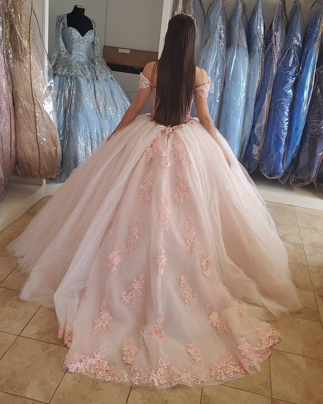 Blush Pink Lace Quinceanera Dresses Sparkly Ball Gowns Sweet 16 Dress,DS4392