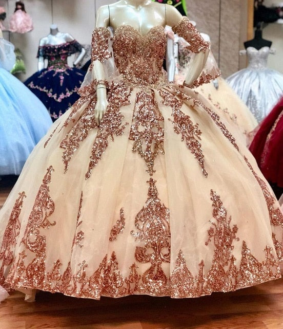 SPARKLY QUINCEANERA DRESS WITH DETACHABLE SLEEVES,DS4459