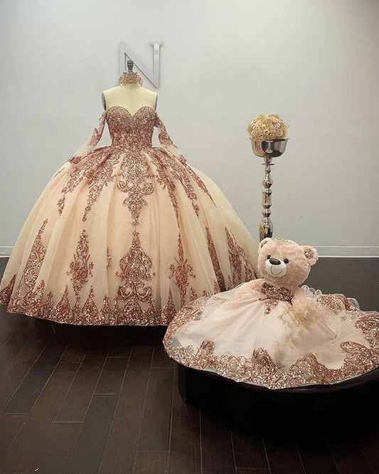Sparkly Rose Gold Quinceanera Prom Dresses Sweetheart Lace Applique Sequins Ball Gown Tulle Formal Dress,DS4393