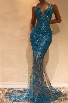 Mermaid Illusion Blue Sequins Evening Dresses | Halter Sleeveless Sexy Prom Dresses ,DS4545