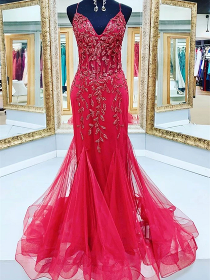 V Neck Red Mermaid Tulle Sequin Beads Long Prom Dresses, Red Mermaid Formal Evening Dresses,DS3824