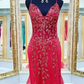 V Neck Red Mermaid Tulle Sequin Beads Long Prom Dresses, Red Mermaid Formal Evening Dresses,DS3824