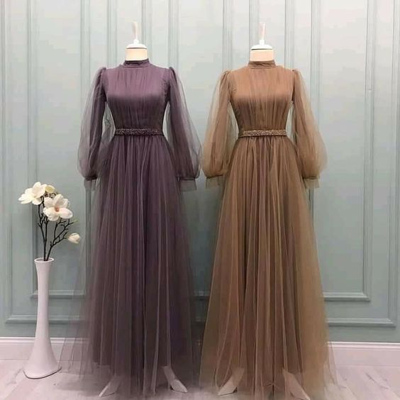 long sleeve prom dresses high neck tulle brown vintage a line cheap simple beaded prom gown robes de cocktail,DS4337